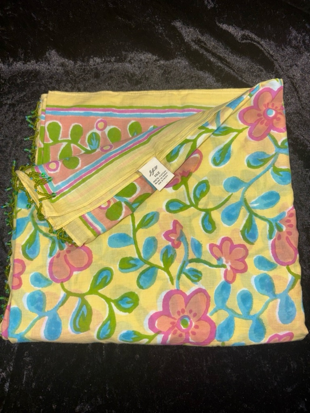 J.Jill Floral Beaded Fringe Scarf One Size Yellow Pink Floral Boho EUC